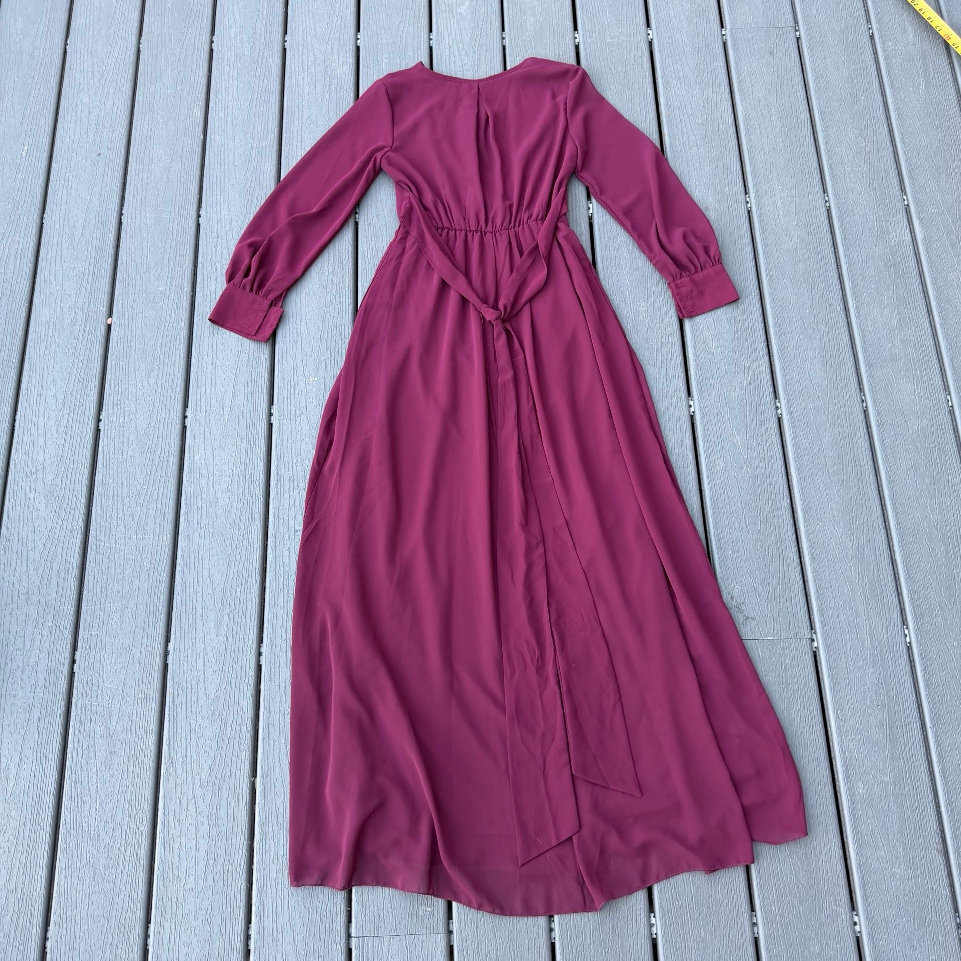 Bohme Veronica Long Sleeve Wrap Maxi Dress Burgundy Sheer Chiffon Belted Vneck S 7