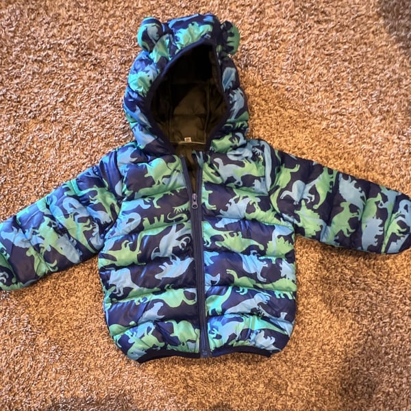 Dinosaur Puffer Jacket Size 90 (18-24 month) Blue Green Hooded with ears