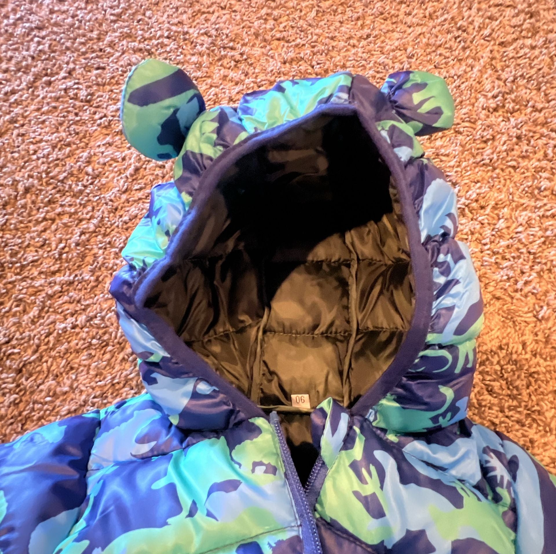 Dinosaur Puffer Jacket Size 90 (18-24 month) Blue Green Hooded with ears 7