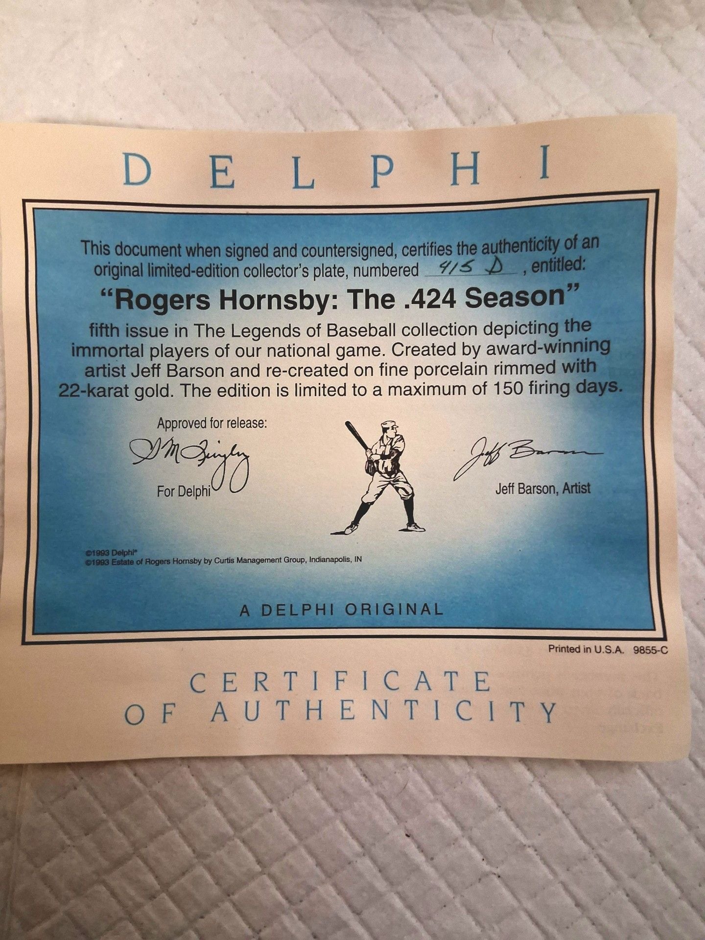 Delphi Collector Plate Rogers Hornsby The .424 Season 8