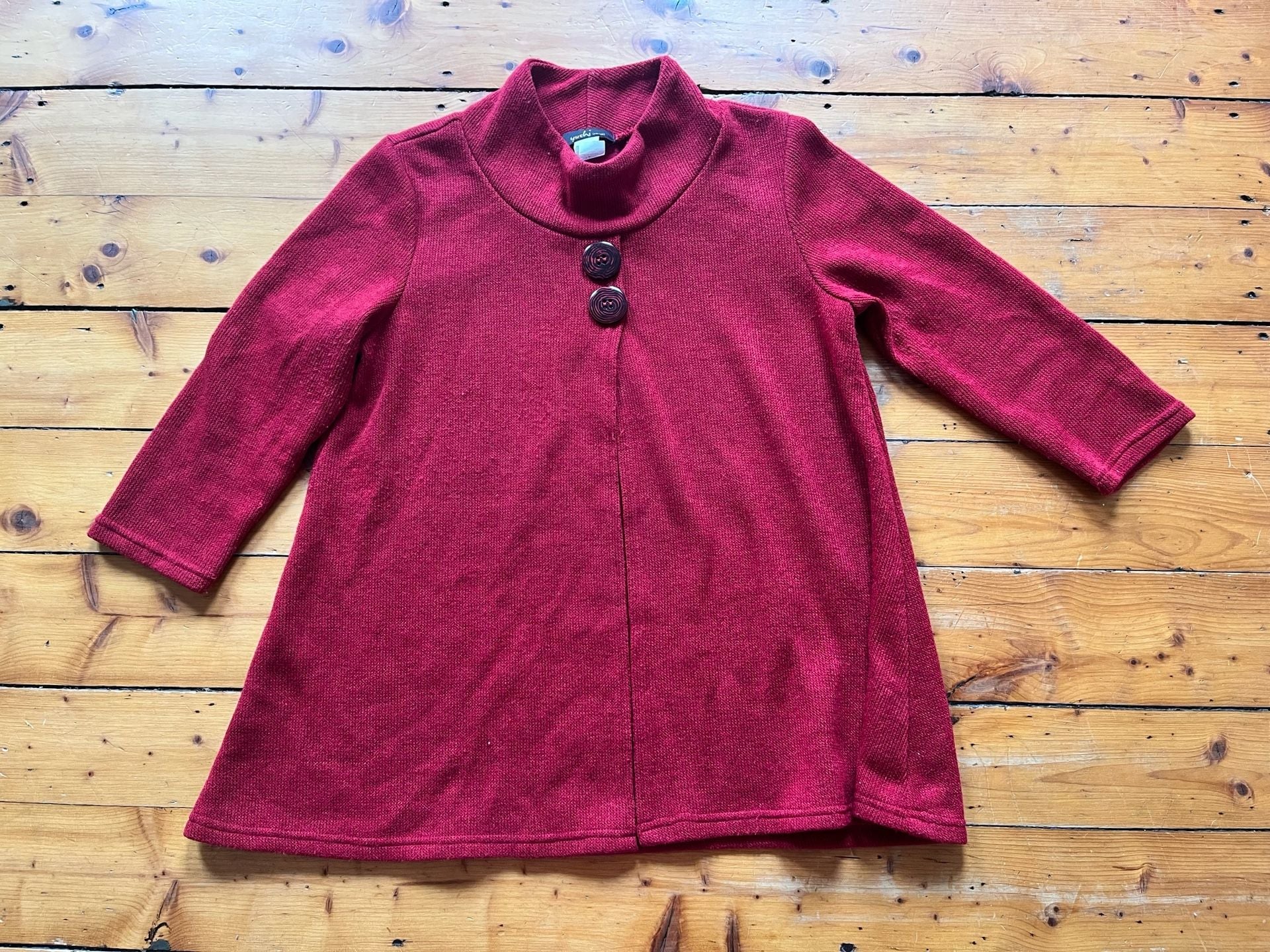 Yushi Sweater Coat Size M Red Knit Mock Neck Two Button Swing Jacket Lagenlook 2