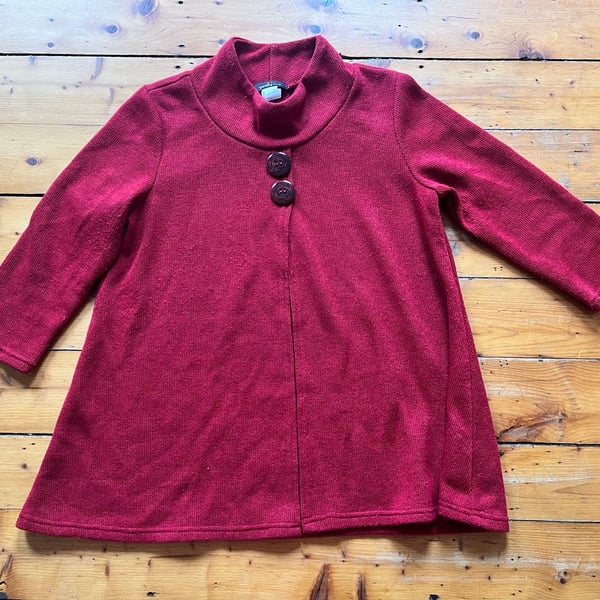 Yushi Sweater Coat Size M Red Knit Mock Neck Two Button Swing Jacket Lagenlook