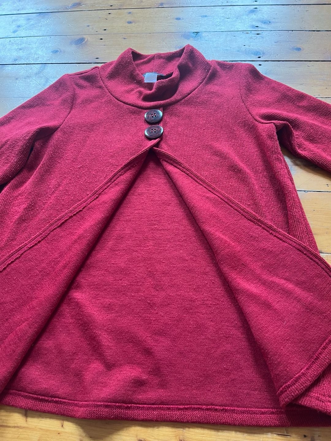 Yushi Sweater Coat Size M Red Knit Mock Neck Two Button Swing Jacket Lagenlook 9