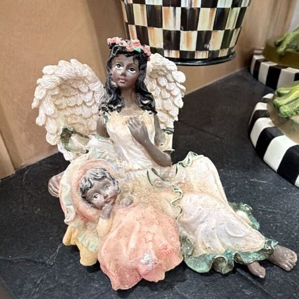 African American Angel with Child Figurine Resin Statue 5”