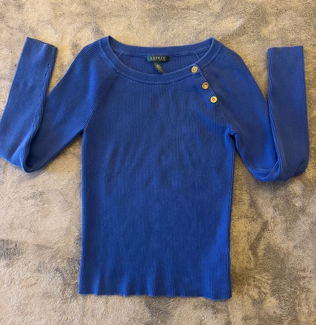 LAUREN RALPH LAUREN Women's Soft Cotton Shoulder-Button Crewneck Sweater Size L 2