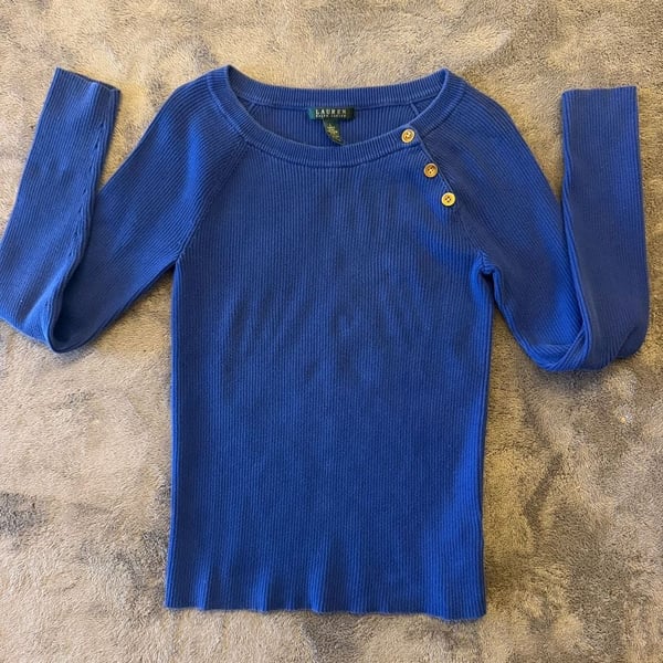 LAUREN RALPH LAUREN Women's Soft Cotton Shoulder-Button Crewneck Sweater Size L