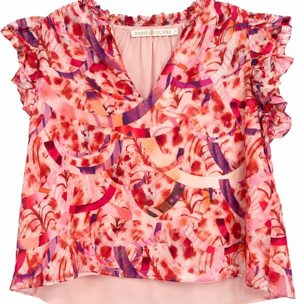 Marie Oliver Blouse Size S Pink Abstract Ruffle
