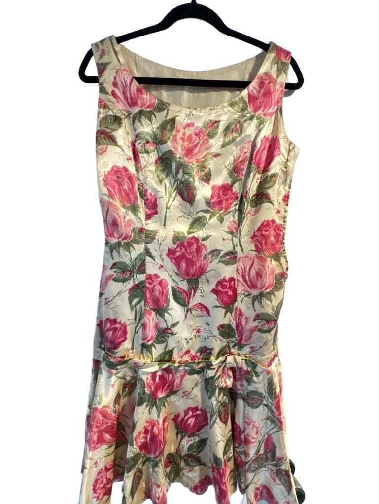 Retro Vintage Rose Print Party Dress silk s 2
