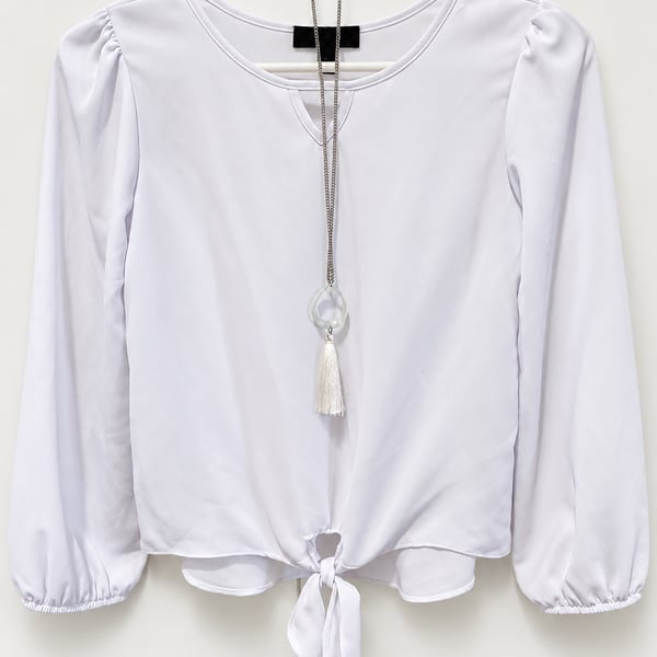 Amy Byer Girls White/Lavender Tie-Front Blouse with Necklace – Size M (10/12)