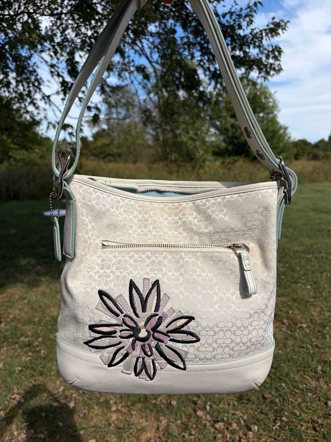 Y2K Vintage Coach Floral Bee Embroidered Signature Jacquard Shoulder Bag F10871 7