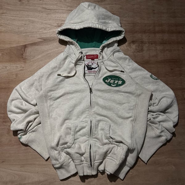 Vintage Mitchell & Ness New York Jets Throwbacks Distressed Zip Hoodie XL