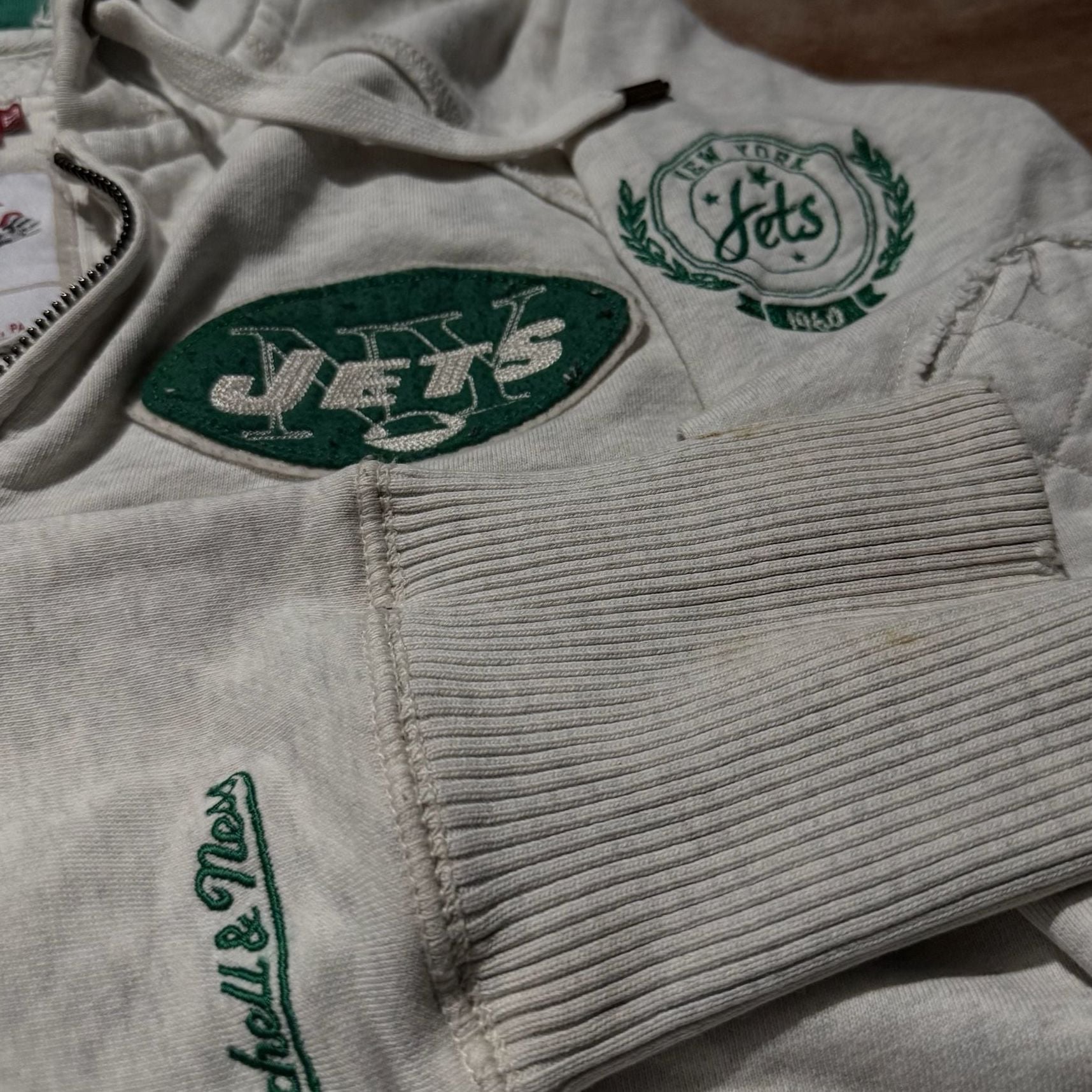 Vintage Mitchell & Ness New York Jets Throwbacks Distressed Zip Hoodie XL 4