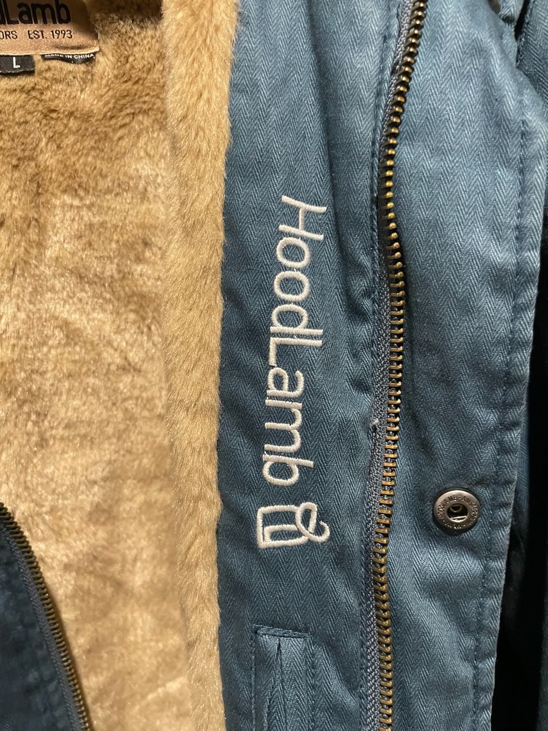 HoodLamb Hemp Tailors Blue Faux Fur Lined Utility Jacket Size L 8