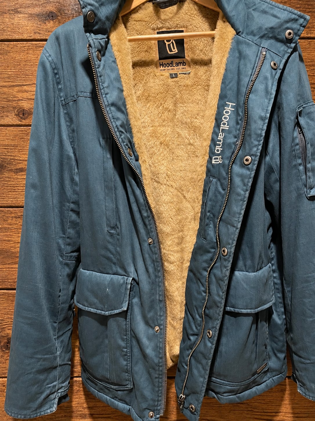 HoodLamb Hemp Tailors Blue Faux Fur Lined Utility Jacket Size L 12
