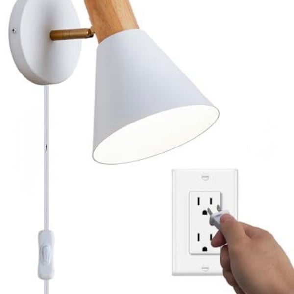 Vechoicy Plug in Wall Sconces Lighting Fixture, Wooden Adjustable Bedside Wall lamp