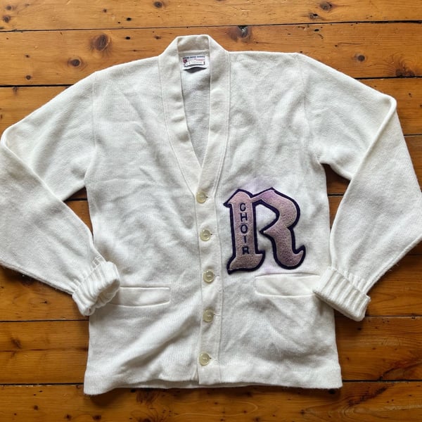 Fast-Tenn Vintage 70s Choir Award Cardigan Sweater White