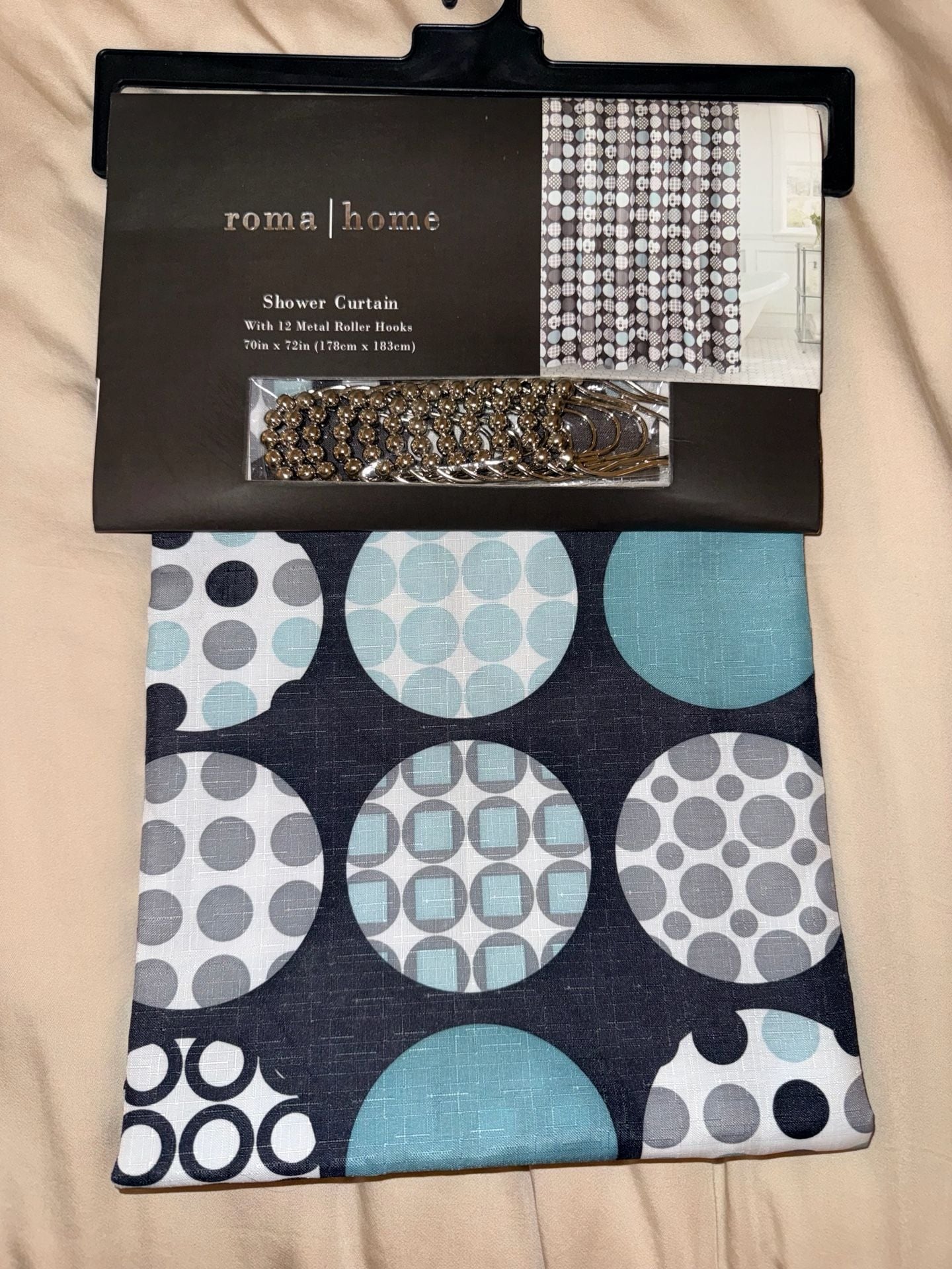 Roma Home Shower Curtain 70in x 72in Black Turquoise Geometric Circles 1