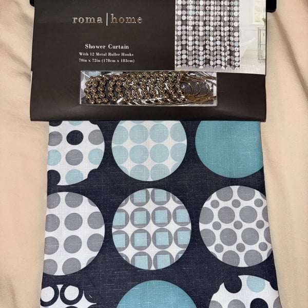 Roma Home Shower Curtain 70in x 72in Black Turquoise Geometric Circles