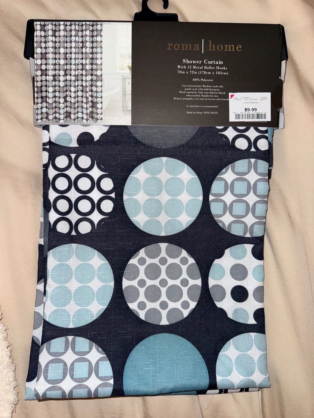 Roma Home Shower Curtain 70in x 72in Black Turquoise Geometric Circles 2