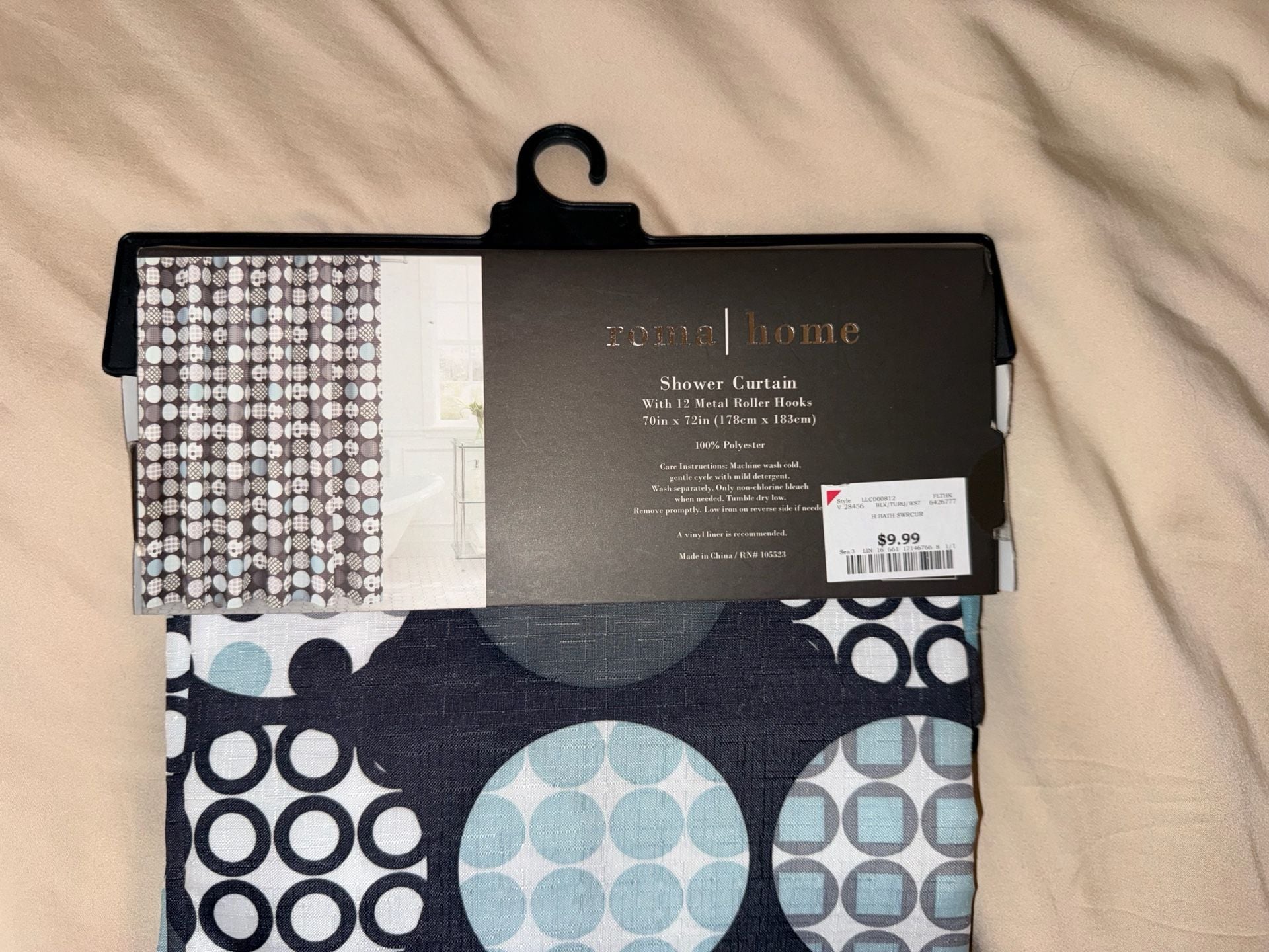 Roma Home Shower Curtain 70in x 72in Black Turquoise Geometric Circles 3