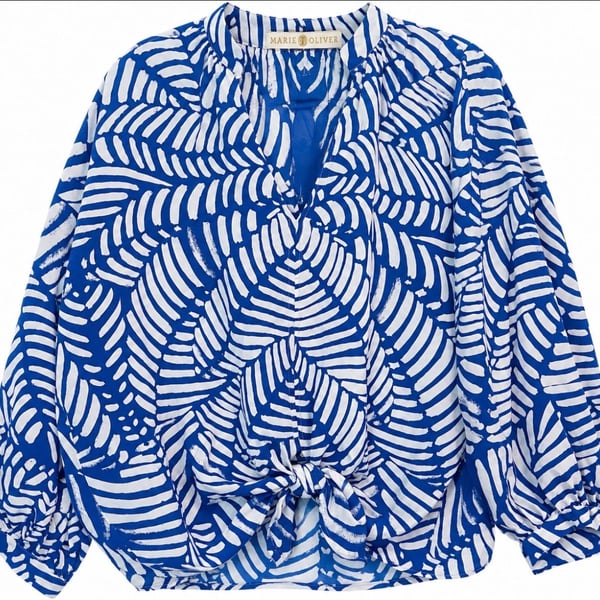 Marie Oliver Silk Blouse Size S Blue White Leaf