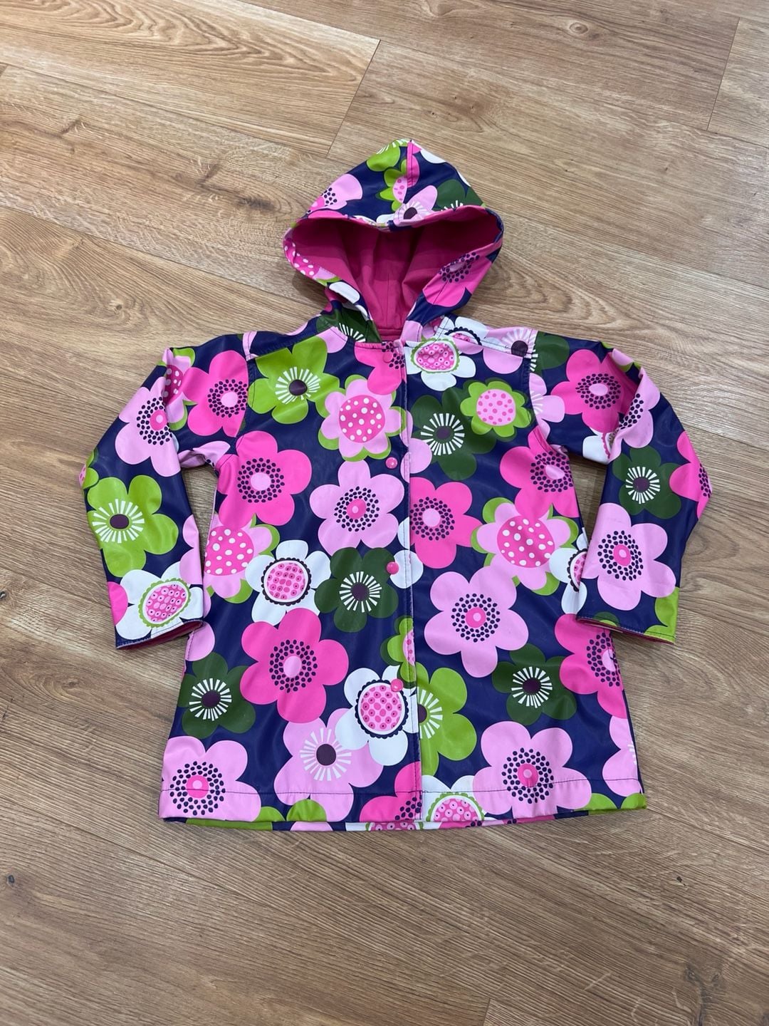 Hartstrings Raincoat Size 4T Blue Pink Floral Hooded Jacket 2