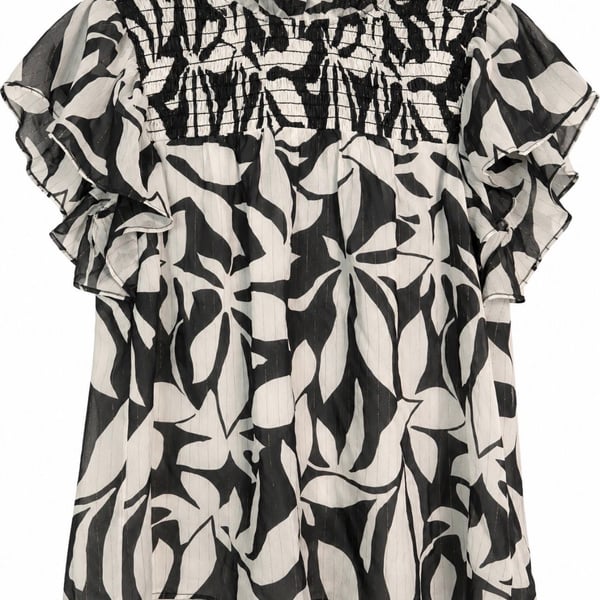 Marie Oliver Blouse Size S Navy/White Floral Ruffle