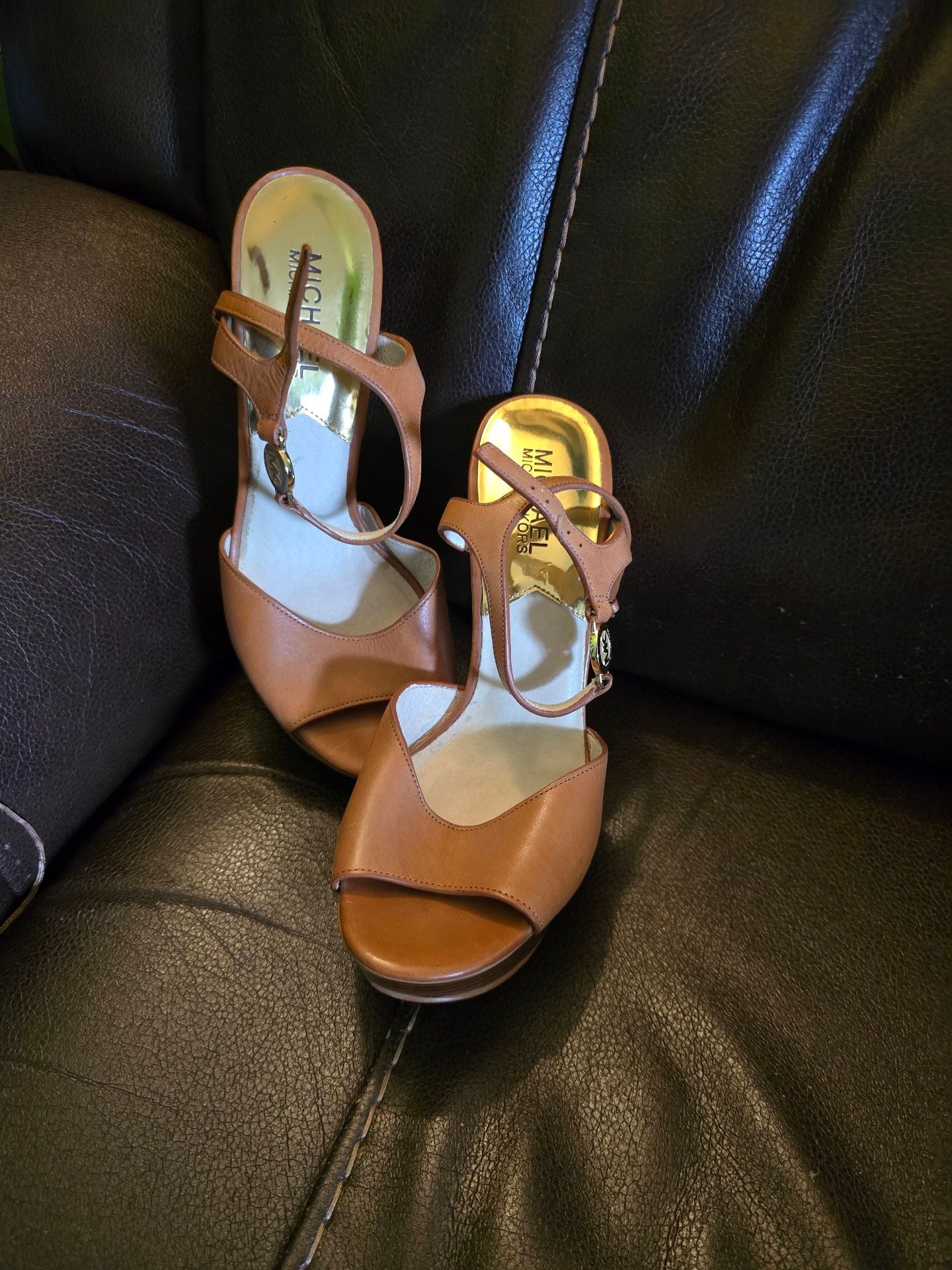 Michael Kors Brayson Sandal Size 6.5M Brown Leather Platform Stiletto Heels 2