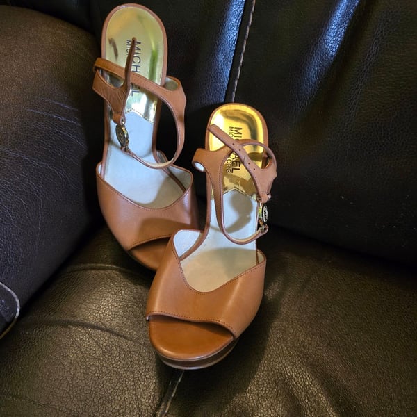 Michael Kors Brayson Sandal Size 6.5M Brown Leather Platform Stiletto Heels