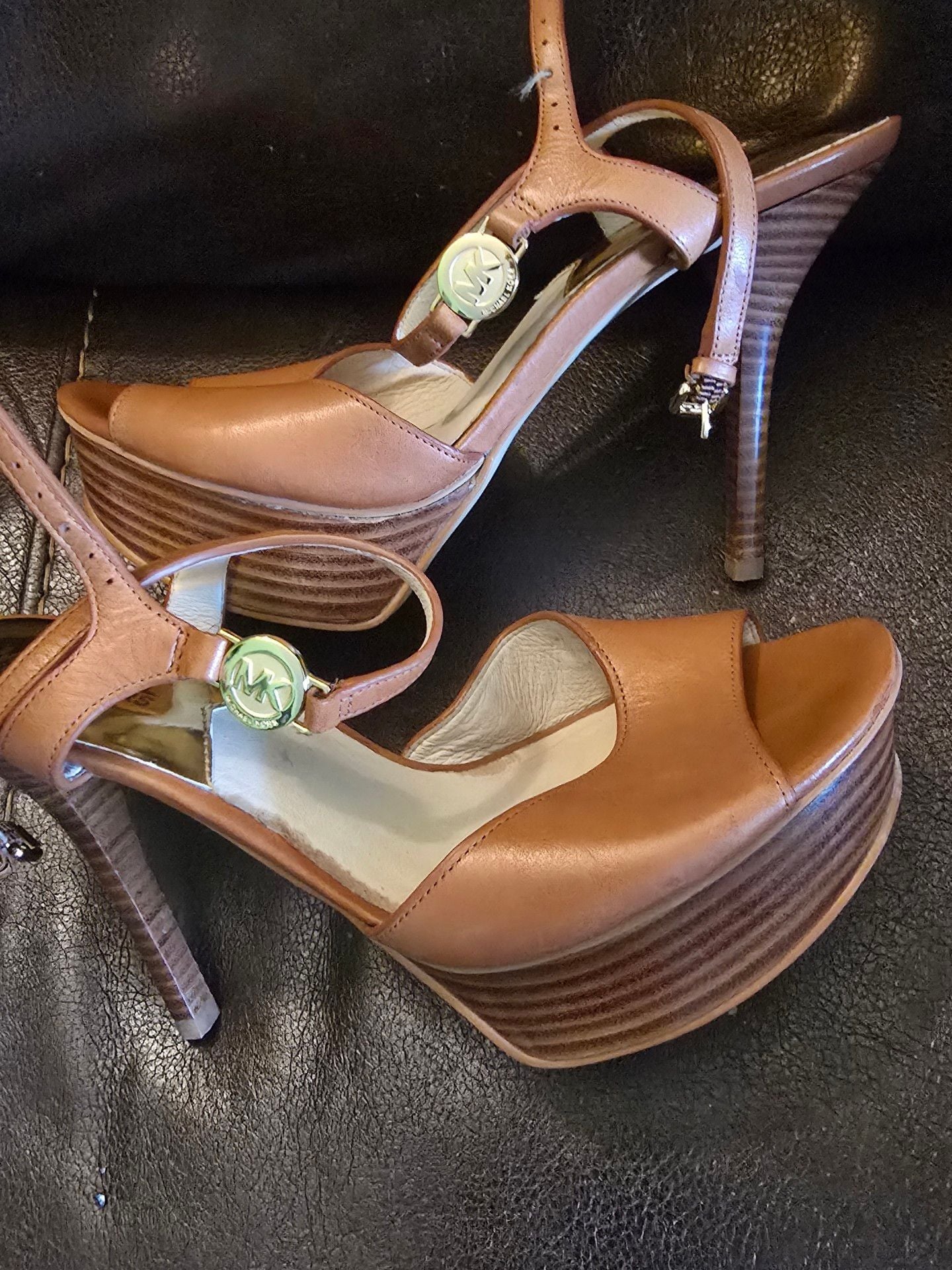 Michael Kors Brayson Sandal Size 6.5M Brown Leather Platform Stiletto Heels 4