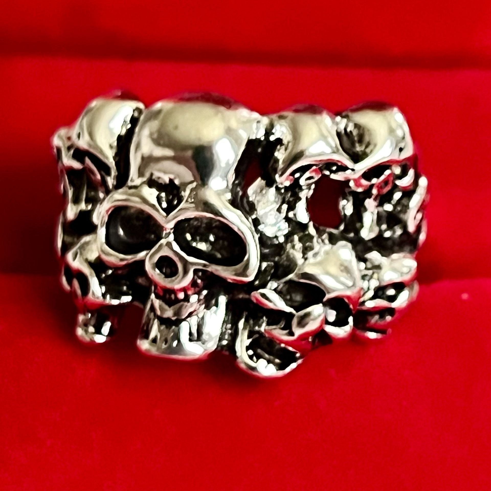 Multi Skull Ring: Outlaw Graveyard Biker Titanium Steel Silver Statement Ring Size 9 3