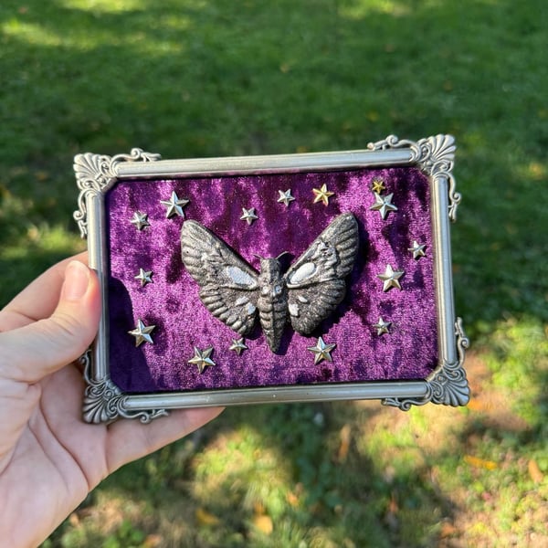 Handmade Gothic Death Moth Framed Wall Art Purple Velvet