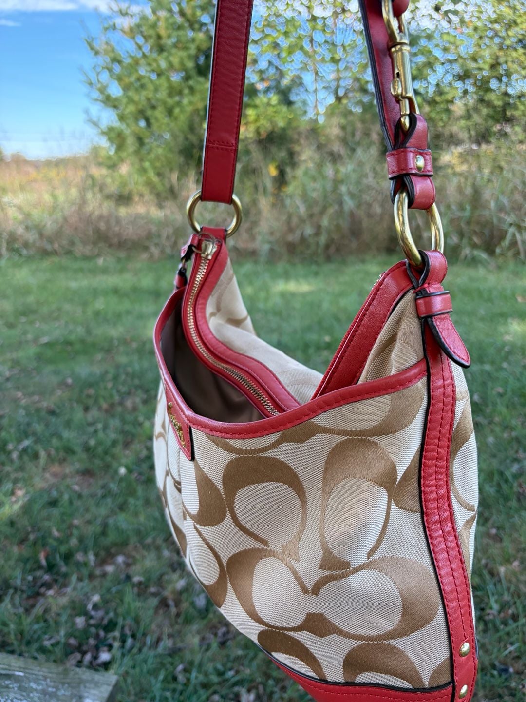 Coach Park Signature Carrie Hobo Bag Khaki Coral Orange persimmon F19727 6