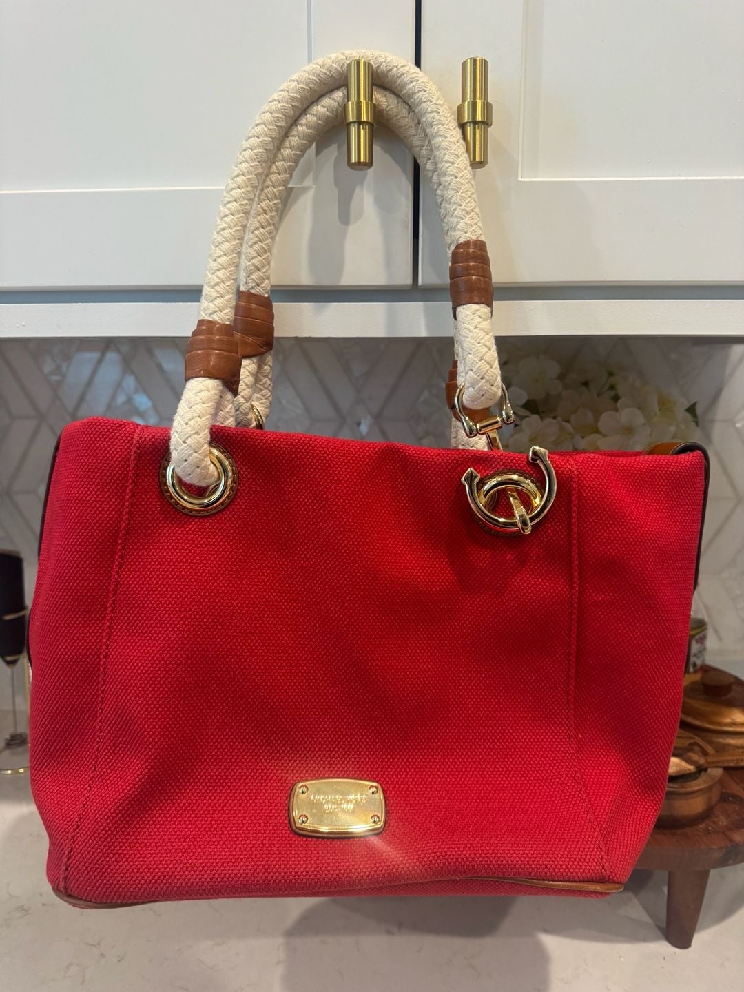 Michael Kors Marina Canvas Tote Red Rope Handle 2