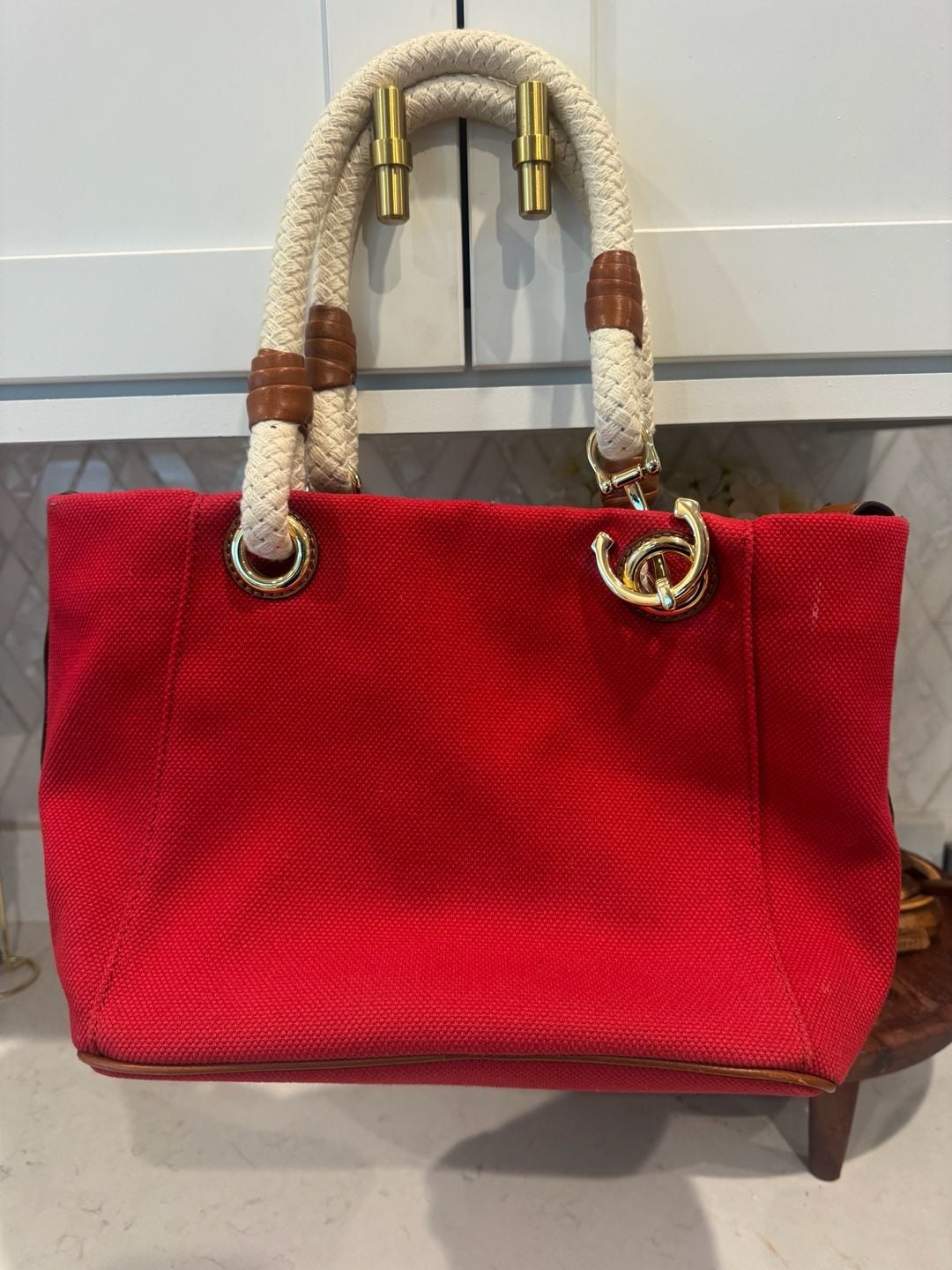 Michael Kors Marina Canvas Tote Red Rope Handle 4