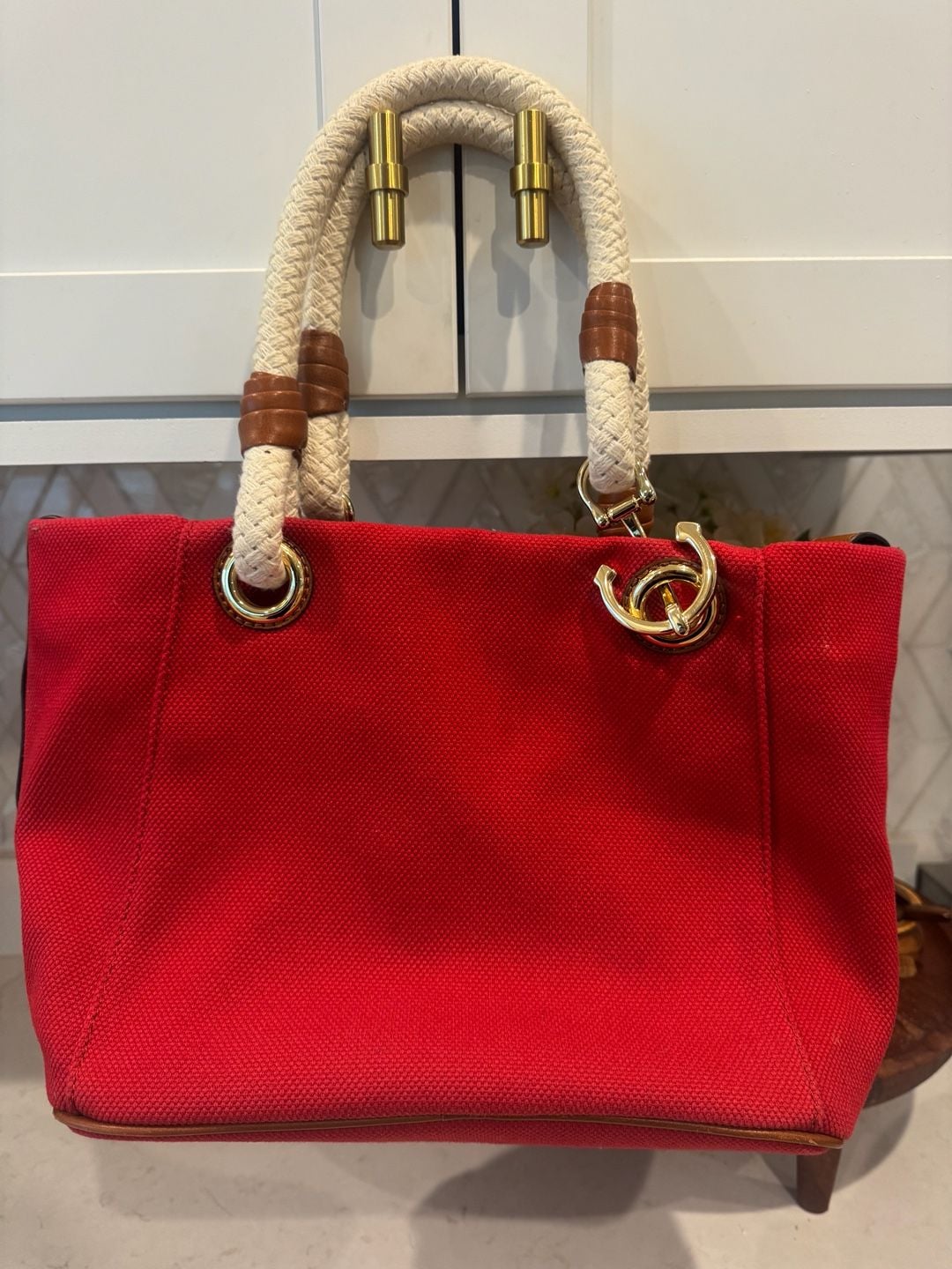Michael Kors Marina Canvas Tote Red Rope Handle 5