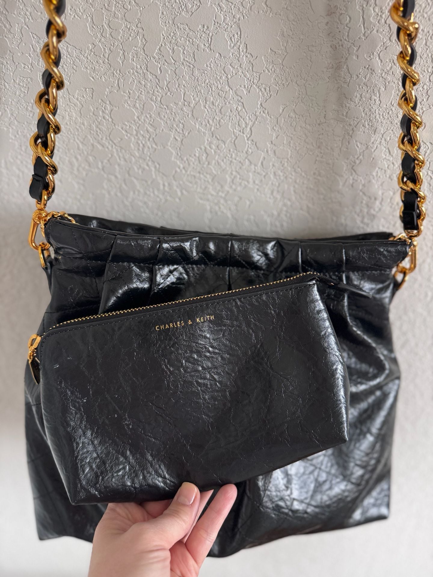 Charles & Keith Duo Quilted Chain Hobo Bag Size L Black 3