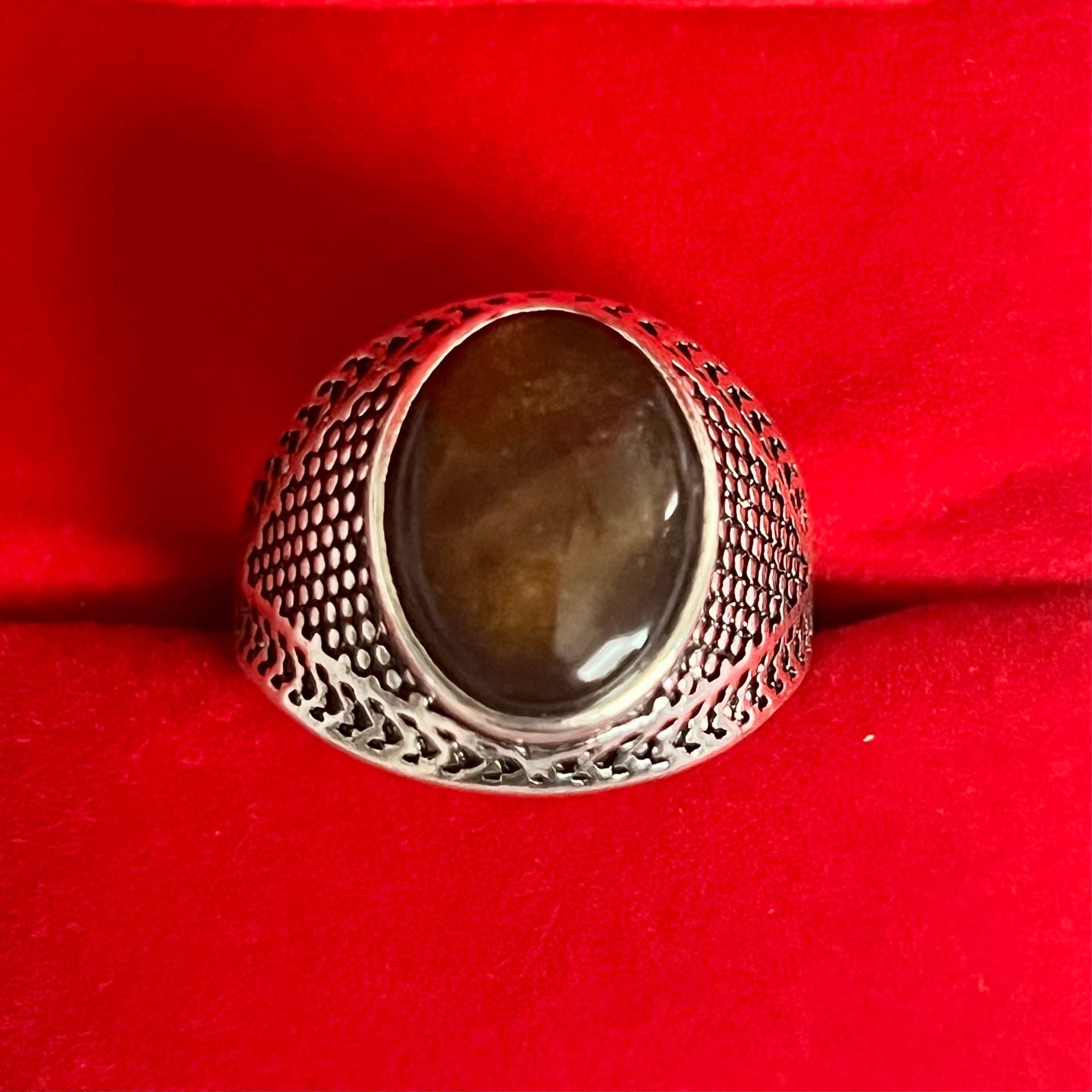 Tiger's Eye Ornate Design Titanium Steel Silver Statement Unisex Ring Size 9 3