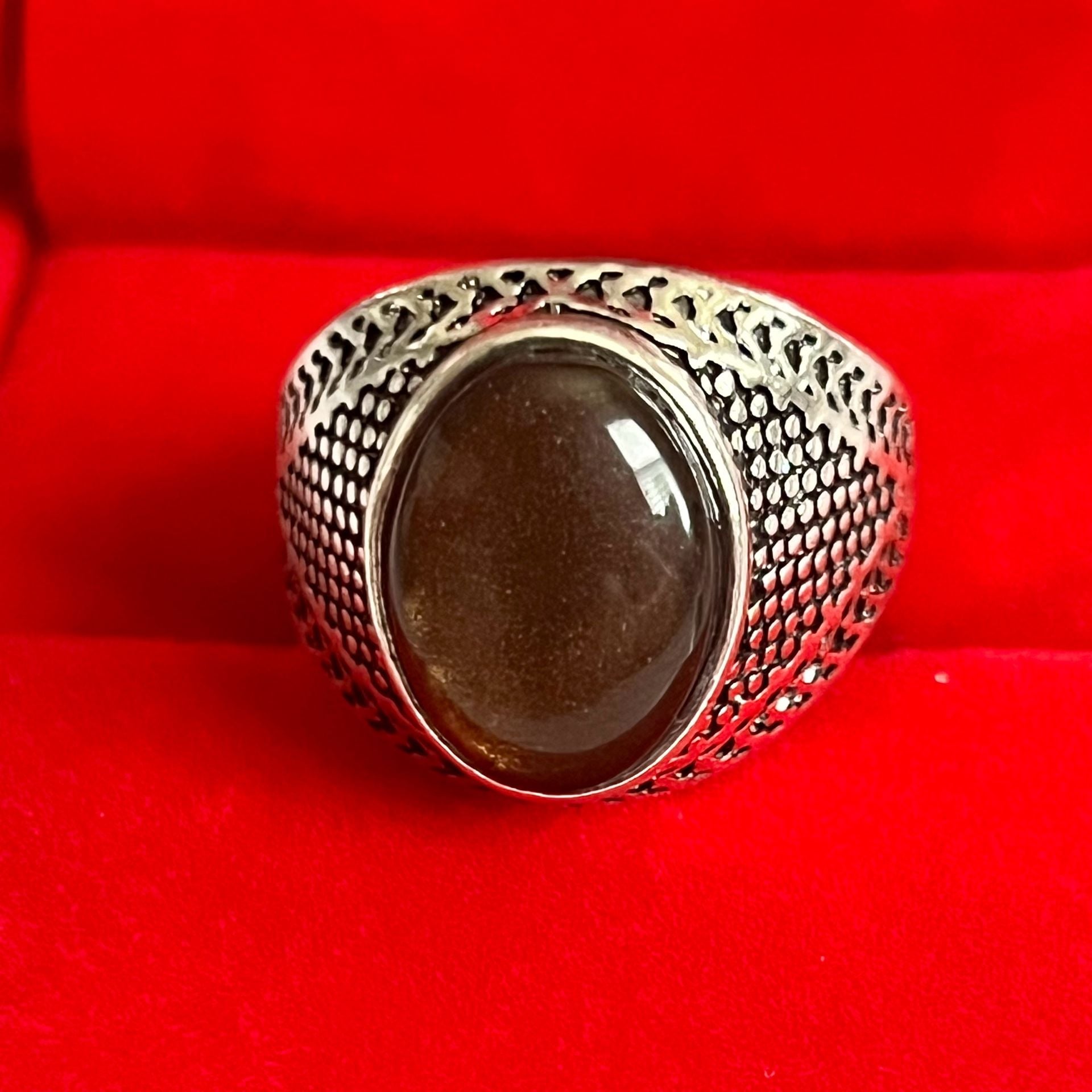 Tiger's Eye Ornate Design Titanium Steel Silver Statement Unisex Ring Size 9 4