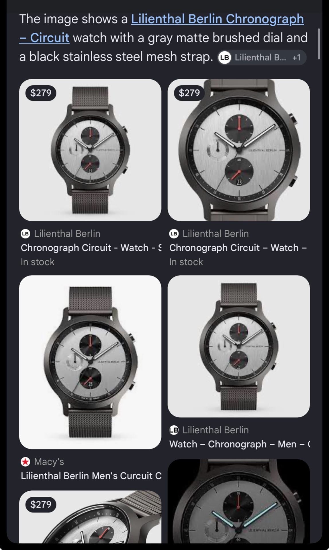 Lilienthal Berlin Chronograph Watch Anthracite Matte Mesh Band 8