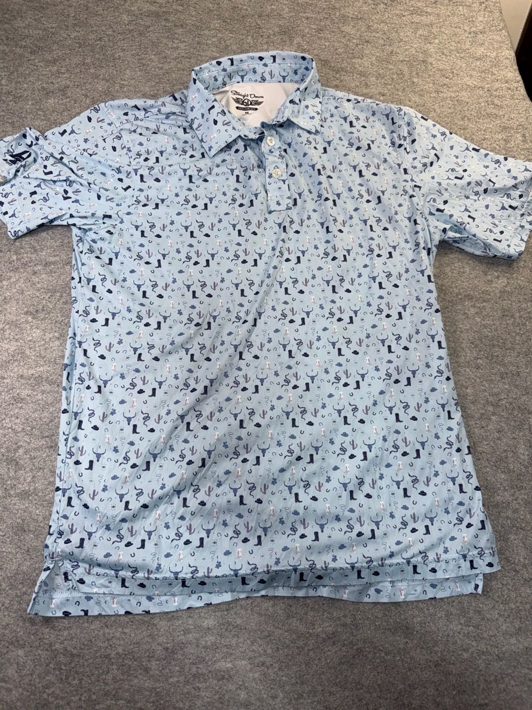 Straight Down Polo Size M Blue Western Print Performance Golf Shirt 2