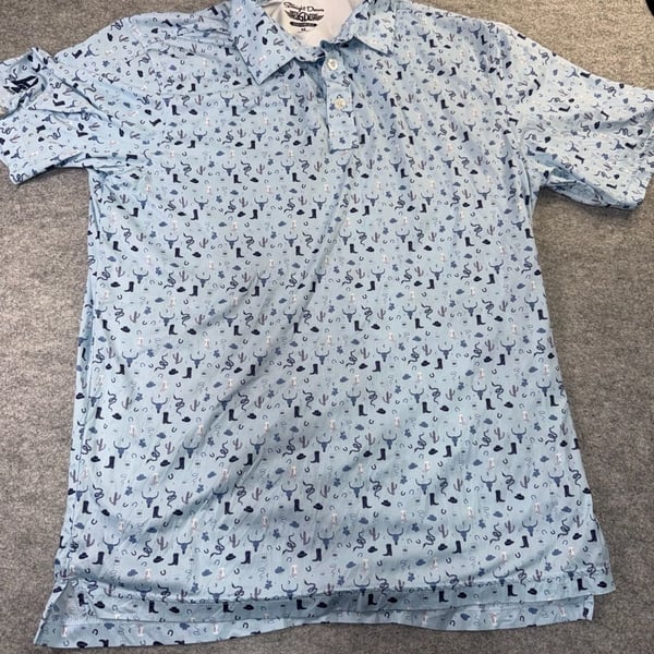 Straight Down Polo Size M Blue Western Print Performance Golf Shirt