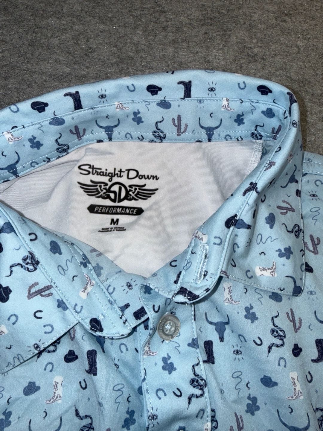 Straight Down Polo Size M Blue Western Print Performance Golf Shirt 3