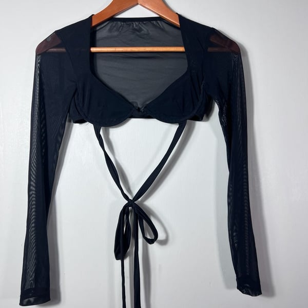 Kikiriki Black Sheer Mesh Long Sleeve Tie Back Crop Top Size S Y2K Going Outside 