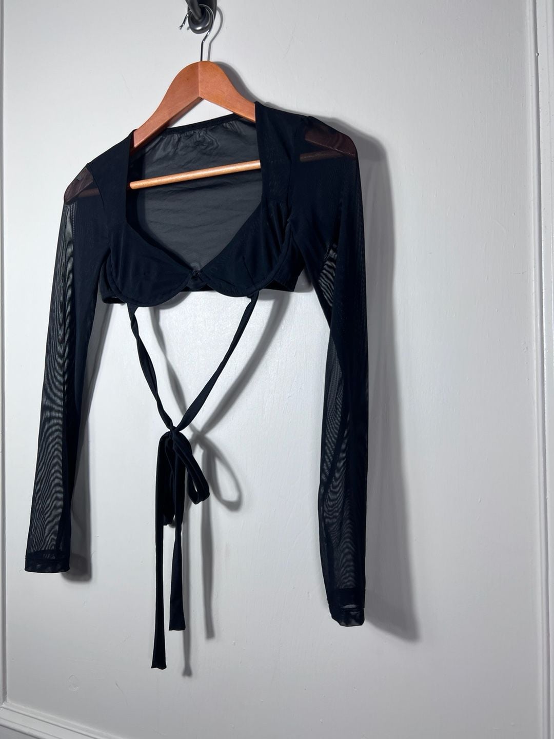 Kikiriki Black Sheer Mesh Long Sleeve Tie Back Crop Top Size S Y2K Going Outside 3