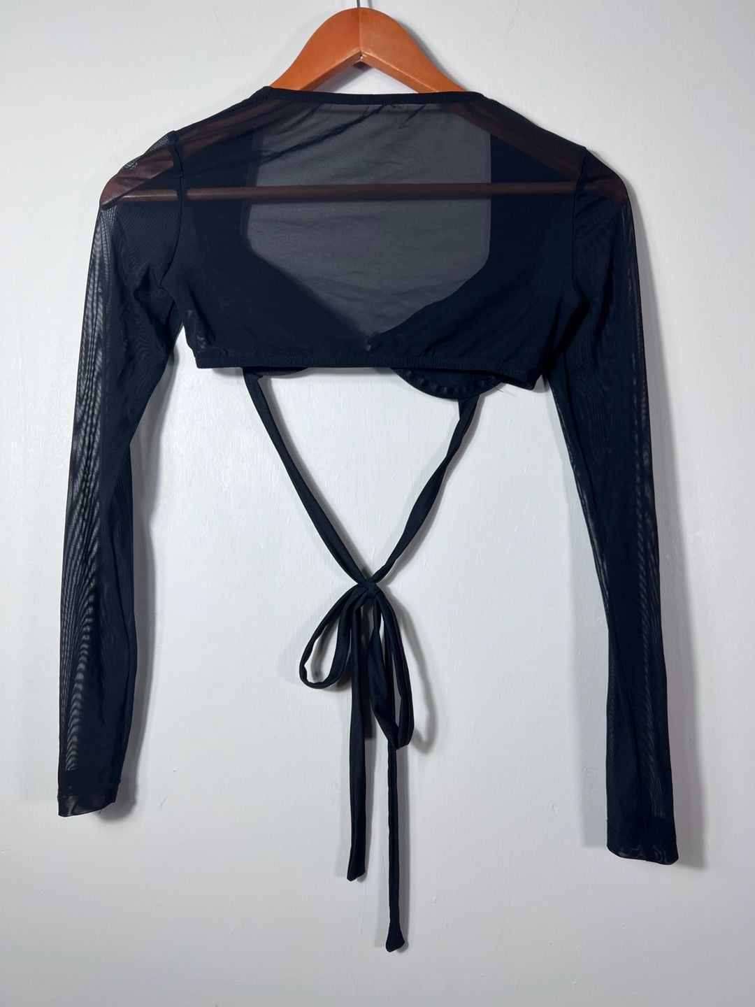 Kikiriki Black Sheer Mesh Long Sleeve Tie Back Crop Top Size S Y2K Going Outside 4