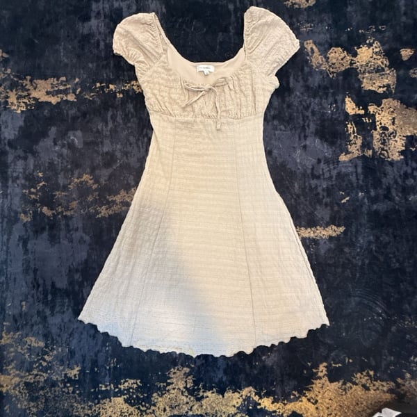No Comment Mini Dress Size S Beige Smocked Tie Front