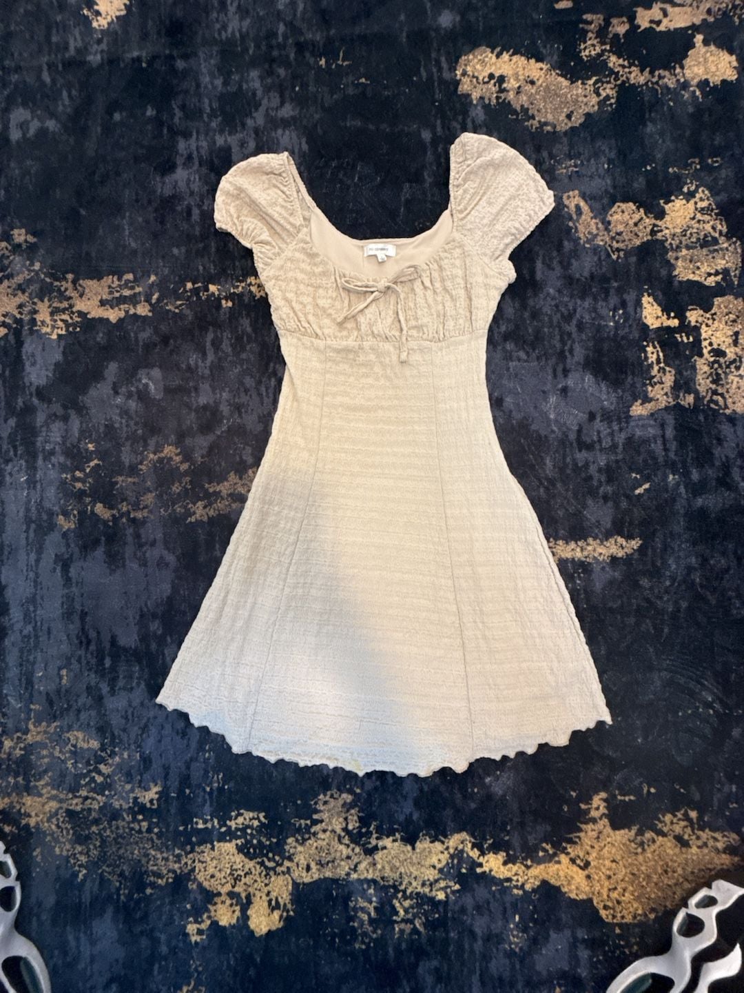No Comment Mini Dress Size S Beige Smocked Tie Front 3