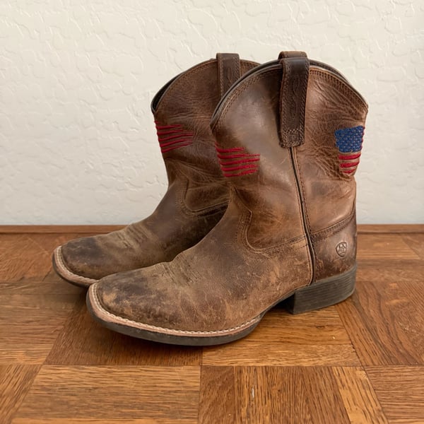 Ariat Patriot Western Boots Brown Leather Flag Square Toe US 3 Kids