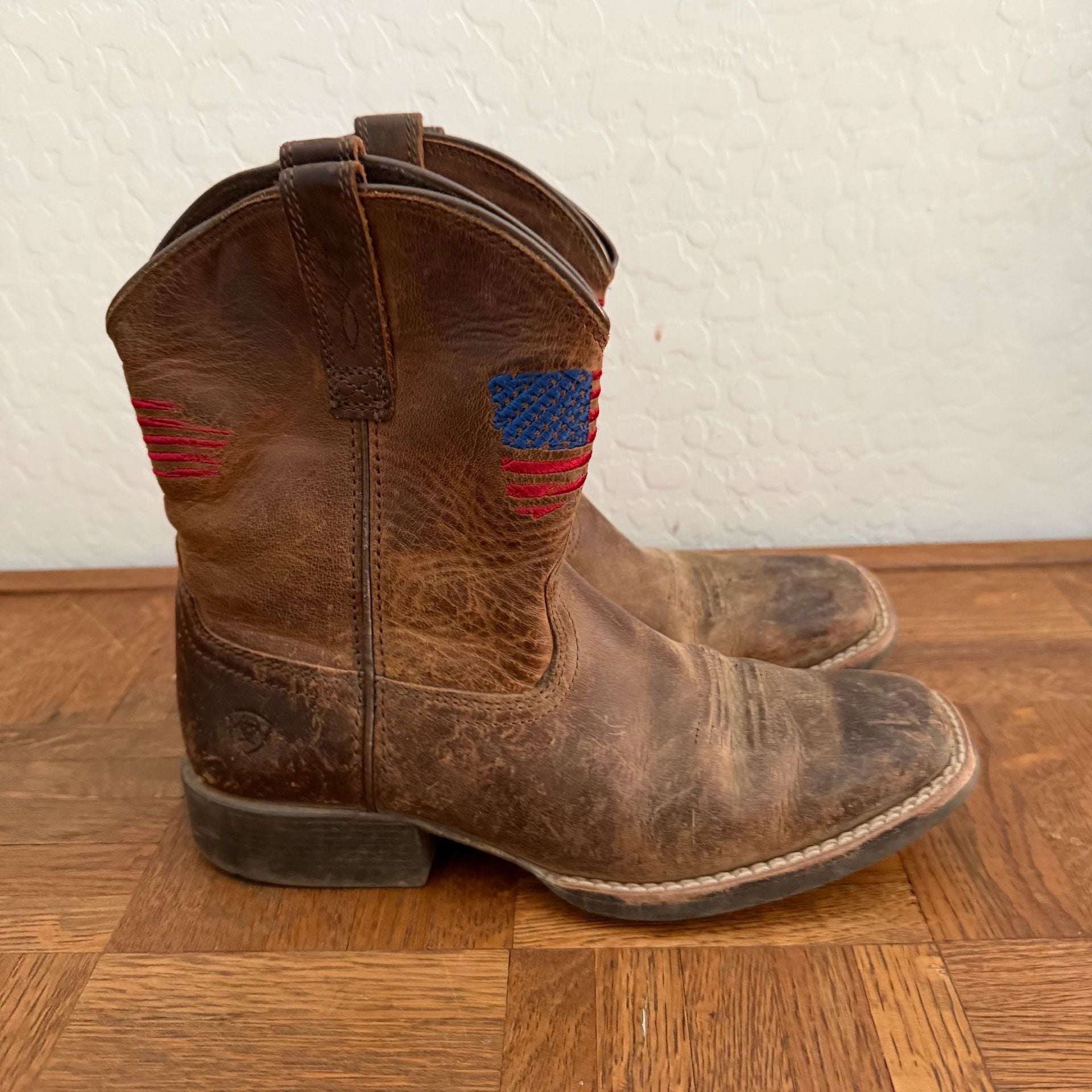 Ariat Patriot Western Boots Brown Leather Flag Square Toe US 3 Kids 4